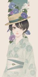Rule 34 | 1girl, absurdres, aqua ribbon, blue flower, boater hat, breasts, brown eyes, brown hair, commentary, earrings, floral print, flower, green kimono, hat, hat flower, hat ribbon, highres, japanese clothes, jewelry, kimono, leaf earrings, long sleeves, looking at viewer, morning glory, obi, obijime, original, outside border, parted lips, print kimono, purple flower, ribbon, sash, seal impression, short hair, signature, small breasts, solo, standing, upper body, ushiyama ame, yukata