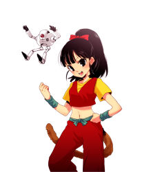 Rule 34 | 10s, 1girl, 1other, black hair, bow, breasts, dragon ball, dragon ball heroes, facing viewer, feet out of frame, giru (dragon ball), hair bow, hand on own hip, high ponytail, looking at viewer, medium hair, midriff, monkey tail, navel, noru, note (dragon ball), pants, ponytail, red bow, red pants, red vest, robot, shirt, simple background, small breasts, standing, tail, vest, white background, yellow shirt