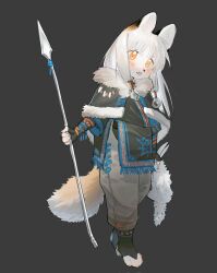 Rule 34 | 1boy, androgynous, animal, animal ears, animal feet, baggy pants, black cape, blush, body fur, cape, capelet, carcass, commentary, digitigrade, fang, fox boy, fox ears, fox tail, full body, fur-trimmed capelet, fur collar, fur trim, furry, furry male, grey background, head tilt, highres, holding, holding polearm, holding weapon, long hair, long sleeves, looking at viewer, male focus, open mouth, orange eyes, orange fur, original, pants, polearm, rainggrade, sidelocks, simple background, skin fang, solo, spear, standing, symbol-only commentary, tail, toeless footwear, traditional clothes, weapon, white fur, white hair