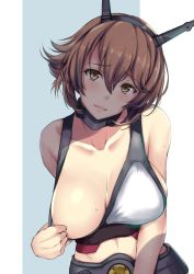 Rule 34 | 1girl, bare arms, bare shoulders, blush, breasts, brown hair, collarbone, flipped hair, green eyes, headgear, kantai collection, kuurunaitsu, large breasts, looking at viewer, metal belt, midriff, mutsu (kancolle), navel, one breast out, parted lips, short hair, simple background, solo, two-tone background, white background