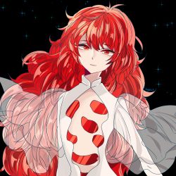 Rule 34 | 1other, alternate costume, androgynous, bad id, bad pixiv id, crystal hair, gem, houseki no kuni, kogatarou, long hair, looking at viewer, open clothes, padparadscha (houseki no kuni), red eyes, red hair, see-through, see-through sleeves, smile, solo, spoilers, upper body, wavy hair