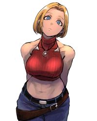 Rule 34 | 1girl, 6maker, abs, absurdres, arms behind back, belt, blonde hair, blue eyes, blue mary, blue pants, breasts, cropped sweater, denim, highres, jeans, jewelry, large breasts, leaning forward, looking at viewer, loose belt, multiple belts, pants, pendant, red sweater, ribbed sweater, short hair, sleeveless, sleeveless sweater, snk, solo, sweater, the king of fighters, turtleneck, turtleneck sweater, white background, wide hips
