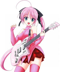 Rule 34 | 1girl, :d, ahoge, aqua eyes, bare shoulders, breasts, covered erect nipples, elbow gloves, gloves, guitar, halterneck, instrument, long hair, looking at viewer, nail polish, open mouth, pink hair, plaid, plaid skirt, pleated skirt, ponytail, simple background, skin tight, skirt, smile, solo, thighhighs, very long hair, white background, zettai ryouiki