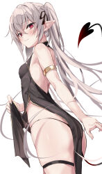 Rule 34 | 1girl, absurdres, armlet, black dress, black ribbon, blush, breasts, closed mouth, commentary request, demon tail, dress, grey hair, hair between eyes, hair ribbon, highres, long hair, looking at viewer, original, pointy ears, red eyes, ribbon, simple background, small breasts, smile, solo, standing, tail, thigh strap, thighs, toshizou (0714), twintails, white background