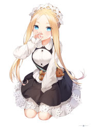 Rule 34 | 1girl, abigail williams (fate), abigail williams (festival outfit) (fate), absurdres, black skirt, blonde hair, blue eyes, blush, breasts, dress, fate/grand order, fate (series), fellatio gesture, forehead, heroic spirit chaldea park outfit, highres, long hair, long sleeves, looking at viewer, maid headdress, official alternate costume, open mouth, oral invitation, parted bangs, sash, seiza, sidelocks, simple background, sitting, skirt, small breasts, solo, stuffed animal, stuffed toy, teddy bear, user yzzn3747, white background, white dress