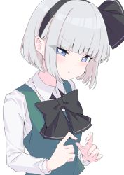 Rule 34 | 1girl, :t, black bow, black neckwear, blue eyes, blunt bangs, bow, bright pupils, commentary request, eyes visible through hair, green vest, hair ribbon, hands up, highres, konpaku youmu, long sleeves, looking at viewer, pout, ribbon, shirt, short hair, silver hair, simple background, solo, standing, touhou, tsukimirin, upper body, vest, white background, white pupils, white shirt