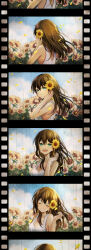 Rule 34 | 1girl, absurdres, blue eyes, breasts, brown hair, cleavage, closed eyes, commentary, day, dress, english commentary, falling petals, field, film strip, flower, flower field, grin, hair flower, hair ornament, hand in own hair, highres, long hair, looking at viewer, looking back, medium breasts, multiple views, open mouth, original, petals, sky, sleeveless, sleeveless dress, smile, sunflower, sunflower field, watanacat
