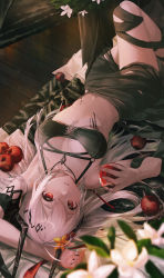 Rule 34 | 1girl, absurdres, apple, arknights, bikini, black bikini, breasts, feet out of frame, flower, food, fruit, hair flower, hair ornament, highres, holding, holding food, holding fruit, horns, jewelry, long hair, lying, material growth, monge baby, mudrock (arknights), mudrock (silent night) (arknights), necklace, official alternate costume, oripathy lesion (arknights), parted lips, red eyes, sarong, solo, swimsuit, thighs, white hair