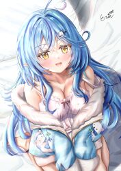 Rule 34 | 1girl, ahoge, animal ears, bare legs, bare shoulders, barefoot, bear, bed sheet, blue hair, blue headband, blue jacket, blue scarf, breasts, camisole, chibi, cleavage, collarbone, crossed bangs, daifuku (yukihana lamy), dot nose, frilled camisole, frills, fur-trimmed jacket, fur trim, gold trim, hair between eyes, hair ornament, hairclip, headband, highres, hololive, jacket, light blush, long hair, medium breasts, messy hair, nqa22616, off shoulder, on bed, open clothes, open jacket, open mouth, pillow, pointy ears, polka dot camisole, scarf, sidelocks, signature, solo, spaghetti strap, sunlight, teeth, upper teeth only, very long hair, virtual youtuber, white camisole, yellow eyes, yukihana lamy, yukihana lamy (loungewear), yukimin (yukihana lamy)