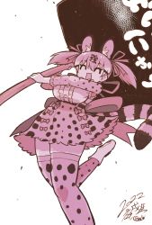 Rule 34 | 1girl, animal costume, animal ear fluff, animal ears, belt, cat ears, cat girl, cat tail, extra ears, hammer, kemono friends, kemono friends v project, kitsunetsuki itsuki, kneehighs, large-spotted genet (kemono friends), long hair, looking at viewer, open mouth, ribbon, shirt, shoes, simple background, skirt, smile, socks, solo, tail, twintails, virtual youtuber