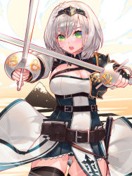 Rule 34 | 1girl, armor, breasts, cleavage, headpiece, highres, holding, holding sword, holding weapon, hololive, large breasts, looking at viewer, mole, mole on breast, open mouth, shirogane noel, shirogane noel (1st costume), short hair, silver hair, solo, sword, teeth, thighhighs, thighs, upper teeth only, virtual youtuber, waterring, weapon