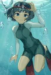 Rule 34 | 1girl, :3, adjusting goggles, black footwear, black hair, black shorts, blue eyes, bob cut, bodysuit, bouhuman, breasts, bubble, commentary, commission, diving mask, diving mask on head, diving suit, flippers, formal, freediving, goggles, goggles on head, hand on own head, hand up, head tilt, highres, light rays, light smile, long sleeves, looking at viewer, ocean, original, raglan sleeves, raised eyebrows, rash guard, red footwear, short hair, shorts, small breasts, suit, swimming, underwater, wetsuit