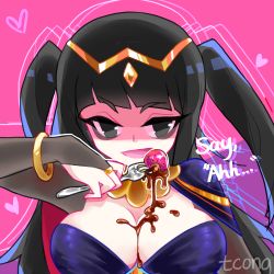Rule 34 | 1girl, black hair, breasts, chocolate, circlet, cleavage, fire emblem, fire emblem awakening, food, food on body, food on breasts, fork, fruit, heart, heart background, looking at viewer, nintendo, simple background, solo, strawberry, tcong, tharja (fire emblem), upper body