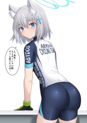 Rule 34 | 1girl, animal ear fluff, animal ears, ass, bicycle, bike jersey, bike shorts, biker clothes, blue archive, blue eyes, blush, cross (crossryou), cross hair ornament, cycling uniform, extra ears, gloves, green gloves, grey hair, hair ornament, halo, highres, looking at viewer, medium hair, mismatched pupils, official alternate costume, shiroko (blue archive), shiroko (cycling) (blue archive), short sleeves, solo, wolf ears