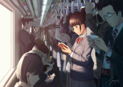 Rule 34 | bag, black hair, blazer, blunt bangs, blurry, blush, bob cut, bow, bowtie, brown eyes, brown hair, cable, collared shirt, commentary request, depth of field, dress shirt, earphones, from side, glasses, hand grip, hand up, holding, holding phone, jacket, long sleeves, multiple boys, multiple girls, necktie, open clothes, open jacket, original, papi (papiron100), phone, playing games, pleated skirt, reading, red bow, red neckwear, school bag, school uniform, shirt, shoulder bag, signature, sitting, skirt, solo focus, standing, striped bow, striped bowtie, striped clothes, striped neckwear, sunlight, train interior, watch, white hair, white shirt, window, wristwatch