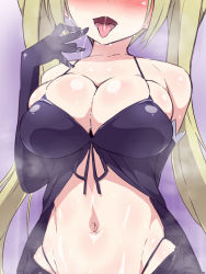 Rule 34 | 10s, 1girl, babydoll, black gloves, blonde hair, blush, breasts, bursting breasts, cleavage, elbow gloves, gloves, head out of frame, highleg, highleg panties, highres, large breasts, lieselotte sherlock, long hair, midriff, naughty face, navel, no bra, open mouth, panties, saliva, saliva trail, shiny skin, skindentation, solo, spaghetti strap, steam, tongue, tongue out, trinity seven, twintails, uguisu (happy turn), underwear