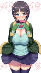 Rule 34 | 1girl, black hair, blue eyes, blue shirt, blush, box, breasts, cleavage cutout, clothing cutout, commentary request, fur trim, gift, gift box, green jacket, hair ornament, heart-shaped box, heart cutout, highres, holding, holding gift, jacket, kawase seiki, kirigaya suguha, large breasts, long sleeves, pleated skirt, revision, see-through silhouette, shirt, short hair, simple background, skirt, solo, sword art online, thighhighs, valentine, white background