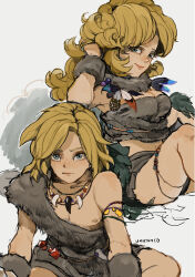 Rule 34 | 1boy, 1girl, arm warmers, artist name, ayla (chrono trigger), bare shoulders, blonde hair, breasts, caveman, chrono trigger, cleavage, closed mouth, expressionless, feathers, foreshortening, green eyes, hand up, highres, jewelry, kino (chrono trigger), long hair, looking at viewer, medium breasts, necklace, sitting, smile, thighs, uzutanco, v-shaped eyebrows