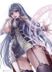 Rule 34 | 1girl, absurdres, blue hair, bracelet, breasts, bridal gauntlets, cameltoe, cleavage, cowboy shot, dress, dutch angle, facing viewer, from below, garter straps, gluteal fold, green eyes, highres, huge breasts, isabelle (shadowverse), jewelry, lips, long hair, looking at viewer, magic, magic circle, microdress, murasaki-sin, no bra, panties, pantyshot, parted bangs, parted lips, partially unbuttoned, purple garter straps, purple thighhighs, revealing clothes, shadowverse, short dress, solo, standing, thighhighs, underwear, upskirt, white background, white panties