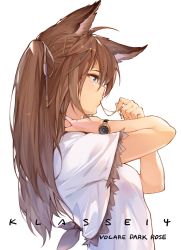 Rule 34 | 1girl, ahoge, animal ears, blue eyes, brown hair, cat ears, commentary request, from side, hair ornament, hair ribbon, hairclip, hana mori, hands up, highres, holding, klasse14, long hair, open mouth, original, profile, ribbon, short sleeves, simple background, solo, upper body, watch, white background, wristwatch