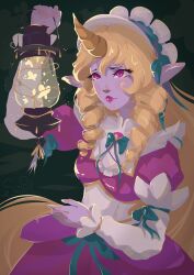 Rule 34 | 1girl, absurdres, black background, bow, bowtie, breasts, brown background, cafe cuties soraka, closed mouth, colored skin, cowboy shot, detached sleeves, dress, green bow, green bowtie, highres, holding lamp, horns, league of legends, maid headdress, medium breasts, pink dress, pink eyes, pink lips, pink skin, puffy short sleeves, puffy sleeves, short sleeves, single horn, soipo4, solo, soraka (league of legends), white sleeves