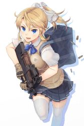 Rule 34 | 1girl, bag, blonde girl (itou), blonde hair, blue eyes, bow, bullet casing, bullpup, gloves, gun, hair bow, highres, holding, itou (onsoku tassha), long hair, looking at viewer, open mouth, original, p90, personal defense weapon, pleated skirt, ponytail, running, school bag, school uniform, shell casing, simple background, skirt, smoke, solo, submachine gun, sweater vest, thighhighs, weapon, white background, white thighhighs, zettai ryouiki