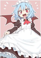 Rule 34 | 1girl, alternate costume, apron, ascot, bat wings, black dress, blue hair, brooch, commentary request, dress, enmaided, jewelry, long sleeves, looking at viewer, maid, maid apron, maid headdress, oninamako, open mouth, red ascot, red eyes, remilia scarlet, simple background, smile, solo, touhou, wings
