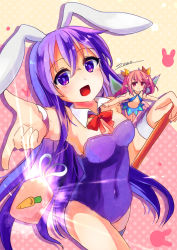 Rule 34 | 2girls, :d, amulet, animal ears, bare shoulders, bow, bowtie, breasts, commentary request, detached collar, erina (rabi-ribi), fairy, fairy wings, fake animal ears, foreshortening, glowing, hair between eyes, hair ribbon, highres, leotard, long hair, looking at viewer, losno, medium breasts, mini person, minigirl, multiple girls, open mouth, outstretched arm, pink background, pink hair, playboy bunny, pointy ears, polka dot, polka dot background, purple eyes, purple hair, purple leotard, rabbit ears, rabi-ribi, red eyes, red neckwear, ribbon, ribbon (rabi-ribi), signature, simple background, smile, twintails, two-tone background, very long hair, wings, yellow background, yellow ribbon