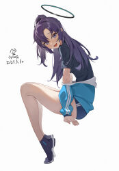 Rule 34 | 1girl, absurdres, artist name, blue archive, blue footwear, blue jacket, blue shirt, blue shorts, buruma, cyan yu, full body, gym shorts, halo, highres, invisible chair, jacket, knees, leaning forward, long hair, looking at viewer, off shoulder, open mouth, parted bangs, ponytail, purple eyes, purple hair, shirt, shoes, shorts, sidelocks, signature, sitting, sneakers, solo, star sticker, sticker on face, sweat, thighs, white background, yuuka (blue archive), yuuka (track) (blue archive)