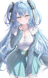 Rule 34 | 1girl, blue hair, blue skirt, highres, hololive, long hair, open clothes, pointy ears, rin yuu, shirt, simple background, skirt, smile, solo, standing, two side up, virtual youtuber, white shirt, yellow eyes, yukihana lamy
