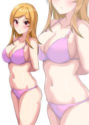 Rule 34 | 1girl, absurdres, alternate costume, arms behind back, bikini, blonde hair, blush, breasts, cleavage, collarbone, highres, idolmaster, idolmaster million live!, itou souta, large breasts, looking at viewer, momose rio, navel, pink bikini, red eyes, simple background, skindentation, solo, stomach, swimsuit, white background, zoom layer