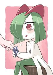 Rule 34 | bags under eyes, card, colored skin, creatures (company), game freak, gen 3 pokemon, green hair, hair over one eye, highres, holding, holding card, horns, ino (tellu0120), kirlia, multicolored skin, nintendo, out of frame, pink background, pink eyes, playing card, pokemon, pokemon (creature), sidelocks, simple background, sitting on tree stump, sweat, tree stump, two-tone skin, white skin