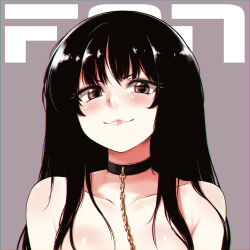 Rule 34 | 1girl, alphy, black hair, blush, body blush, chain, choker, closed mouth, collarbone, female focus, fon (alphy), gold, gold chain, grey background, long hair, original, out-of-frame censoring, pink lips, purple background, red eyes, simple background, smile, solo, topless, topless frame, upper body