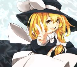 Rule 34 | 1girl, blonde hair, bow, female focus, hair bow, hat, kirisame marisa, large bow, long hair, namakura (a namakura), open mouth, smile, solo, touhou, v, witch, witch hat, yellow eyes