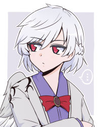 Rule 34 | 1girl, closed mouth, dress, feathered wings, grey hair, grey jacket, hair between eyes, jacket, kishin sagume, long sleeves, open clothes, open jacket, purple dress, red eyes, shio (futatsumami), short hair, single wing, solo, touhou, upper body, white wings, wings