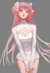 Rule 34 | 10s, 1girl, alternate costume, blackrabbitsoul, breasts, cleavage, cleavage cutout, clothing cutout, hair ribbon, highres, kaname madoka, long hair, looking at viewer, mahou shoujo madoka magica, mahou shoujo madoka magica (anime), meme attire, open-chest sweater, pink hair, ribbed sweater, ribbon, simple background, small breasts, solo, spoilers, sweater, thighhighs, turtleneck, twintails, two side up, ultimate madoka, yellow eyes, zettai ryouiki