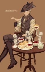Rule 34 | 1boy, 3others, arizuka (catacombe), bloodborne, blue eyes, boots, brown background, butter knife, chair, coat, commentary request, cream, cup, food, gloves, hat, highres, holding, holding cup, holding food, hunter (bloodborne), jam, crossed legs, male focus, messengers (bloodborne), multiple others, plate, short hair, sitting, sleeves rolled up, steam, table, teacup, tricorne, white hair