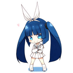 Rule 34 | 1girl, blue hair, blush, blush stickers, chibi, crossed arms, female focus, full body, heart, kouji (campus life), long hair, looking at viewer, mascot, nipako, sailor, school uniform, simple background, skirt, smile, solo, twintails, ultimate nipper, uniform, white background