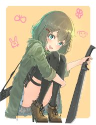 Rule 34 | 1girl, :d, absurdres, aqua eyes, black pantyhose, black thighhighs, blush, brown hair, child&#039;s drawing, colored eyelashes, combat knife, cross-laced footwear, dagger, full body, green jacket, hair ornament, hairclip, high heels, highres, holding, holding knife, hood, hooded jacket, jacket, knife, machete, oota youjo, open mouth, original, panties, pantyhose, pantyshot, sheath, sheathed, skirt, smile, solo, squatting, thigh strap, thighhighs, underwear, weapon, yellow background