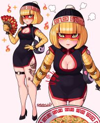 Rule 34 | 1girl, absurdres, arms (game), artist name, bag, beanie, black dress, black headwear, blonde hair, blush, bob cut, bowl, bracelet, breasts, china dress, chinese clothes, cleavage, domino mask, dragon tattoo, dress, fire, folding fan, food, fume, green eyes, hand fan, hand on own hip, hat, high heels, highres, hungry, jewelry, leg tattoo, legs, mask, medium breasts, min min (arms), multiple views, noodles, o-ring, o-ring thigh strap, paper fan, pout, ramen, sarukaiwolf, short dress, short hair, shoulder bag, sparkle, spiked bracelet, spikes, stomach growling, tattoo, thigh strap