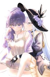 Rule 34 | 2girls, asahina mafuyu, black headwear, black sleeves, bloom, blue eyes, blush, camisole, cardigan, commentary, flower, groping, hand on another&#039;s chest, highres, immiscible discord (project sekai), jewelry, juliet sleeves, long hair, long sleeves, looking at another, multiple girls, necklace, official alternate costume, open cardigan, open clothes, project sekai, puffy sleeves, purple eyes, purple flower, purple hair, purple sweater, side ponytail, simple background, sitting, skirt, smile, soshite ima ribbon wo musunde (project sekai), sweater, very long hair, wariza, white background, white hair, yellow-framed eyewear, yellow camisole, yellow skirt, yingdaoyicha, yoisaki kanade, yuri
