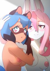 Rule 34 | 2girls, animal ears, animal nose, blue hair, body fur, brand new animal, breasts, brown fur, closed mouth, completely nude, fox ears, fox girl, furry, furry female, furry with furry, green eyes, hair between eyes, hand on another&#039;s head, highres, hiwatashi nazuna, kagemori michiru, long hair, looking at viewer, medium breasts, multicolored hair, multiple girls, nipples, nude, open mouth, pink eyes, pink hair, raccoon ears, raccoon girl, raccoon tail, red eyes, short hair, smile, snout, tail, tanquito kun, two-tone hair, upper body, white fur, yuri