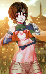 Rule 34 | 1girl, asymmetrical clothes, breasts, brown eyes, brown hair, clothes lift, covering privates, covering breasts, final fantasy, final fantasy vii, fingerless gloves, fishnets, forehead protector, genzoman, gloves, heart, heart-shaped boob challenge, heart hands, looking at viewer, navel, one breast out, open fly, open mouth, shirt lift, short hair, shorts, small breasts, smile, solo, standing, stomach, strap, sunset, yuffie kisaragi