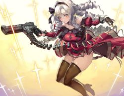 Rule 34 | 1girl, black gloves, black hairband, breasts, brown thighhighs, bullet, closed mouth, commentary request, detached sleeves, dress, drill hair, gloves, gun, hair between eyes, hair ornament, hairband, holding, holding gun, holding weapon, hyakumantenbara salome, hyakumantenbara salome (1st costume), large breasts, long hair, looking at viewer, nijisanji, nishii (damnedrive), red dress, red sleeves, smile, solo, thighhighs, thighs, virtual youtuber, weapon, white hair