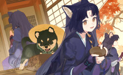 Rule 34 | 1girl, :d, animal ear fluff, animal ears, arknights, autumn leaves, baggy pants, beads, black dog, black hair, black kimono, bowl, brown eyes, commentary, dog, dog ears, dog girl, english text, facial mark, falling leaves, favilia, fingerless gloves, forehead mark, gloves, hat, highres, holding, holding bowl, infection monitor (arknights), japanese clothes, kimono, lantern, leaf, long hair, looking at viewer, maple leaf, multiple views, open mouth, pants, pillar, prayer beads, praying, puffy sleeves, purple gloves, purple pants, saga (arknights), shiba inu, shrine, sitting, smile, straw hat, tree, watermark, wooden floor