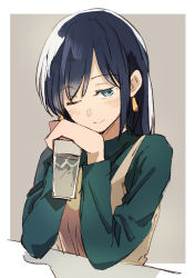 Rule 34 | 1girl, absurdres, blue eyes, blue hair, blue sweater, blush, brown dress, cup, dress, earrings, highres, holding, holding cup, jewelry, kantai collection, long hair, long sleeves, looking at viewer, official alternate costume, one eye closed, simple background, smile, solo, souryuu (kancolle), sweater, takamachiya, turtleneck, turtleneck sweater, upper body