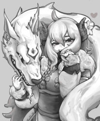 Rule 34 | 1girl, ahoge, animal, bad id, bad pixiv id, blush, bow, braid, closed mouth, flower, fur trim, gonsleep, grey background, greyscale, hair between eyes, hair bow, half-closed eyes, heart, horn flower, horns, kindred (league of legends), lamb (league of legends), league of legends, long hair, monochrome, official alternate costume, parted lips, sharp teeth, simple background, single horn, slit pupils, smile, spirit, spirit blossom kindred, teeth, wolf (league of legends)