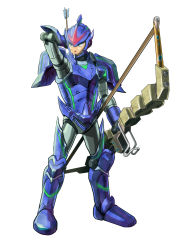 Rule 34 | 1boy, adapted costume, android, armor, arrow (projectile), blue eyes, boots, bow (weapon), brachydios (armor), capcom, commentary request, crossover, full body, highres, holding, holding bow (weapon), holding weapon, hudy8358, joints, legs apart, male focus, mega man (series), x (mega man), mega man x (series), monster hunter (series), monster hunter xx, robot joints, simple background, solo, standing, weapon, white background
