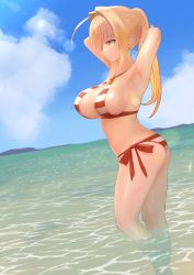 Rule 34 | 1girl, ahoge, bare shoulders, bikini, breasts, cleavage, criss-cross halter, dh ead, fate/grand order, fate (series), green eyes, hair between eyes, hair intakes, halterneck, highres, large breasts, long hair, nero claudius (fate), nero claudius (fate) (all), nero claudius (swimsuit caster) (fate), red bikini, side-tie bikini bottom, smile, solo, striped bikini, striped clothes, swimsuit, thighs, twintails, wading