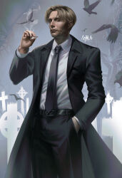 Rule 34 | 1boy, absurdres, bird, black coat, black necktie, black pants, blonde hair, chainsaw man, cigarette, coat, collared shirt, cowboy shot, crow, ear piercing, facial hair, formal, graveyard, hand in pocket, highres, holding, holding cigarette, kishibe (chainsaw man), looking at viewer, mads mikkelsen, naofaro, necktie, pants, piercing, realistic, shirt, shirt tucked in, short hair, smoke, solo, stitched face, stitched mouth, stitches, stubble, suit, tombstone, white shirt